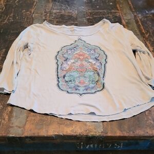 Lucky Brand Cream and Blue Graphic Blouse 3/4 Sleeve